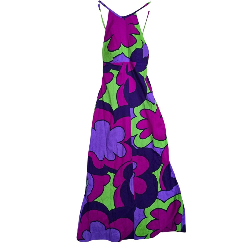 VTG BARKCLOTH Otahexte Lahaina Maxi Dress Purple Green Psychedelic Floral 60/70s - Picture 10 of 10